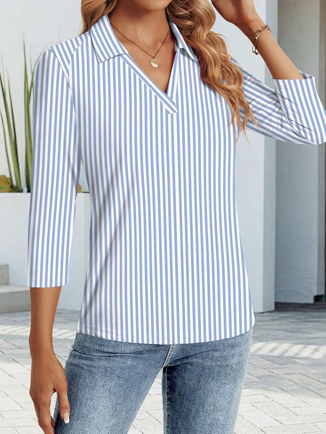 3/4 Length Sleeve Womens Tops Dressy Casual V Neck Polo Shirts Business Work Blouses 2025 Trendy Tunic Top