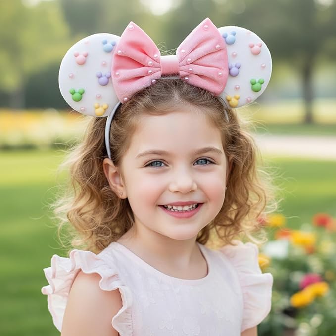 HAMUTH Mouse Ears Headband,Pink bow Headband with Pearl for Women Girls, Cute Velvet Hair Accessories for Party Trip Parks Cosplay Decorations