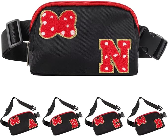 Initial Letter Bow Mouse-Ear Fanny Pack for Teen Girls,Cute Chenille Belt Bag Crossbody Travel Waist Pack for Women&Kids,Personalized Gift for Theme Park,School & Travel, Birthday Christmas(N)