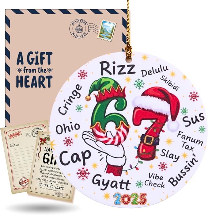67 Funny Christmas Ornament – 67 Meme Teen Slang Santa Says Six Seven Acrylic Ornament, Rizz Gyatt Skibidi Delulu Sus Holiday Decor, Viral Xmas Gift for Gen Z Teens