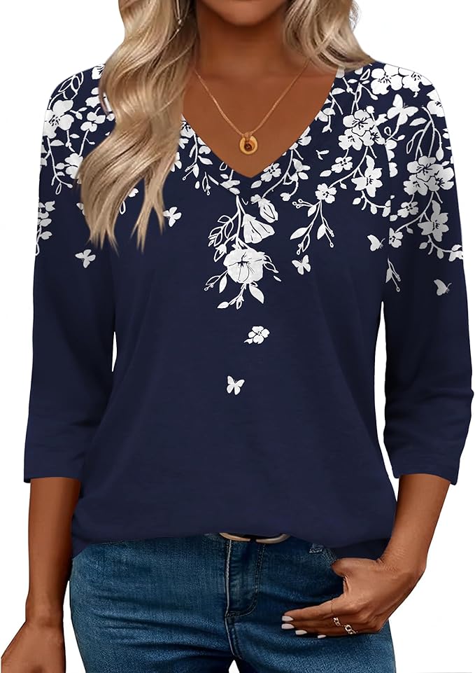 Zeagoo 3/4 Length Sleeve Womens Tops Casual V Neck Shirts Soft Basic Tees Business Work Blouses