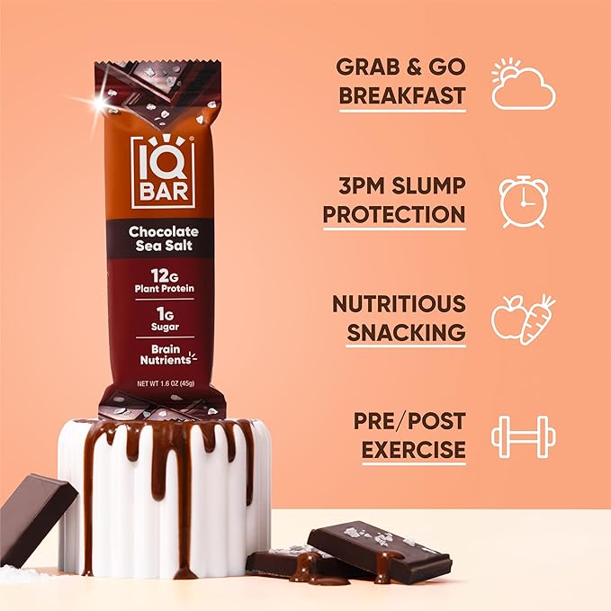 IQBAR Brain and Body Plant Protein Bars - Chocolate Sea Salt - 36-Count - Keto, Vegan, Low Carb, High Fiber, Gluten Free, Dairy Free, Low Sugar Snack with Nutrients for Focus, Energy, Meal Replacement
