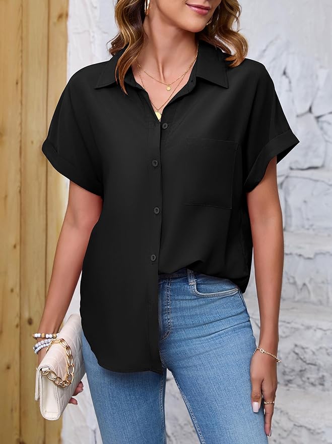 Womens Button Down Shirt Casual Short Sleeve Collared Work Blouse with Pocket