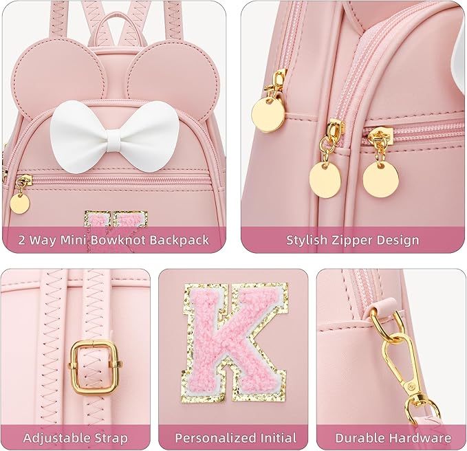 KKXIU Girls Initial Bowknot Cute Mini Backpack for Toddler, Travel Small Girl Backpacks, Personalized Valentine's Day Gifts for Little Girls and Kids(K, Pink)