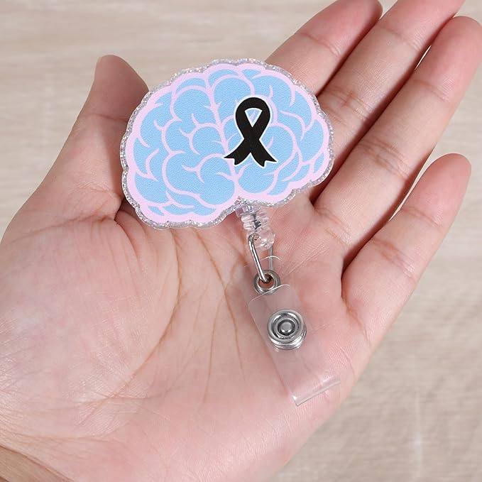Brain Cancer Awareness Badge Reel, Cute Retractable ID Card Neurology Badge Holder, Gray Ribbon Badge Clip for Neuro Nurse, Neurologist, and Medical Worker, Nurse Gifts