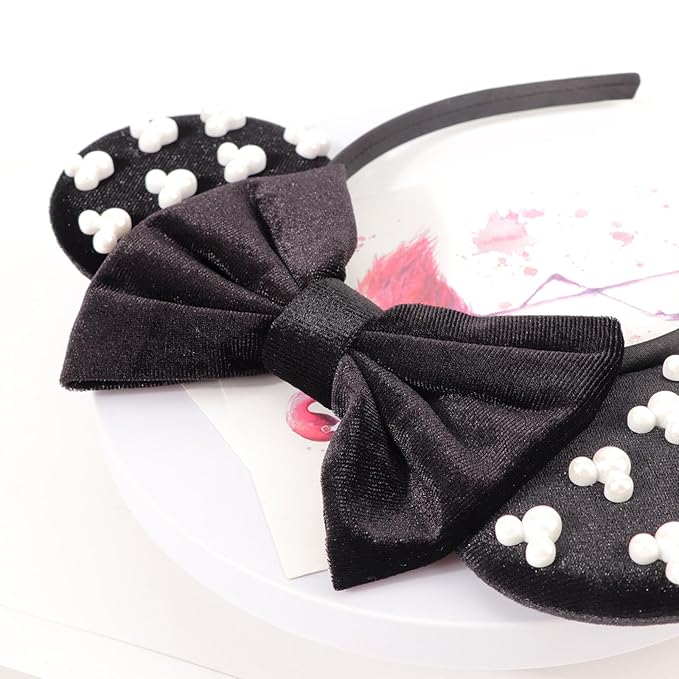 DRESHOW Mouse Ears Headbands for Women Pearl Hairbands Bow Head Bands Velvet Head Band Christmas Cosplay Costume Princess Party Decorations Halloween & Disney Trip
