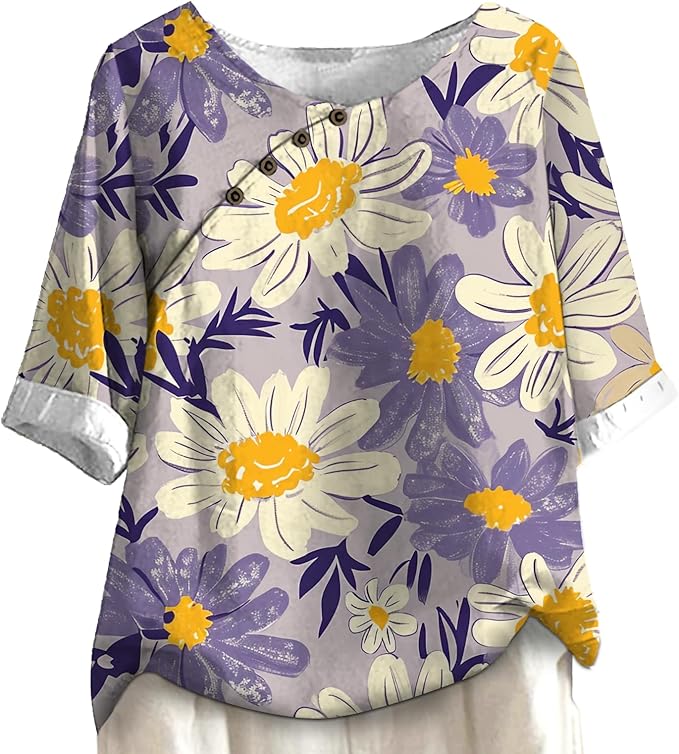 Women's Shirts Dressy Casual Asymmetric Side Button Down Design Tops Summer Loose Fit Crewneck Graphic Tees