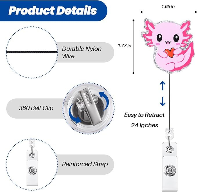 Cute Axolotl Badge Reel, Pink Retractable ID Card Badge Holder, Name Tag Work Badge Clip for NICU RN LPN CNA MA ER Night Shift Nurse Nursing Student Pediatric Doctor Teacher Librarian, Nurse Gifts