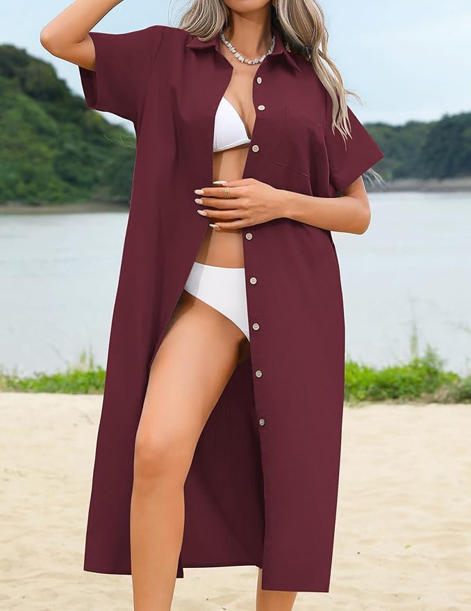 HOTOUCH Womens Dress Summer Casual Midi Short Sleeve Button Down Shirt Dresses Loose Beach Cover Up with Pockets