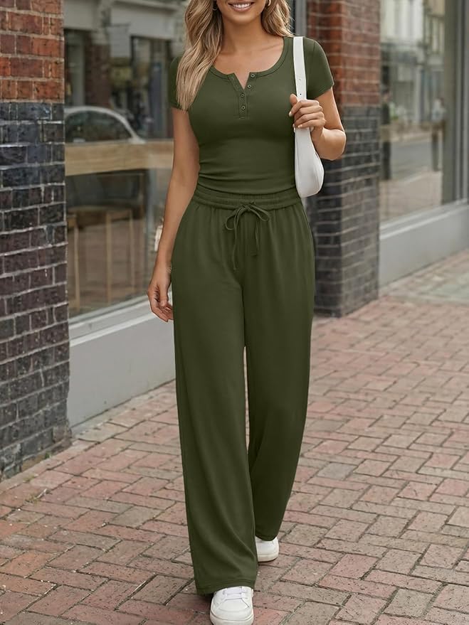 Trendy Queen Women's 2 Piece Matching Lounge Sets Summer Henley Neck Slightly Crop Top Wide Leg Pants Casual Sweat Suit
