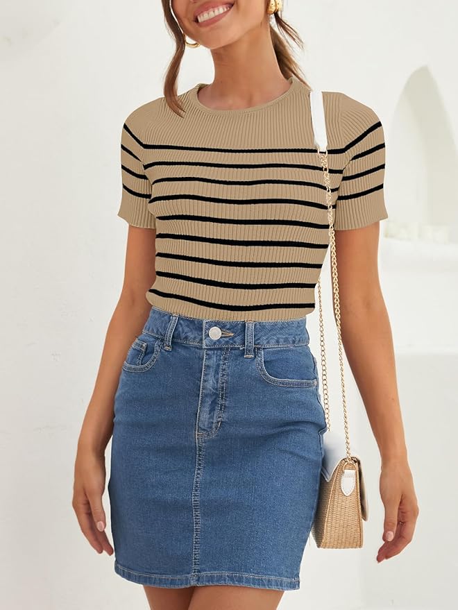 ZESICA Women's Short Sleeve Crewneck Striped T Shirt 2026 Summer Ribbed Knit Slim Fit Casual Basic Tee Tops