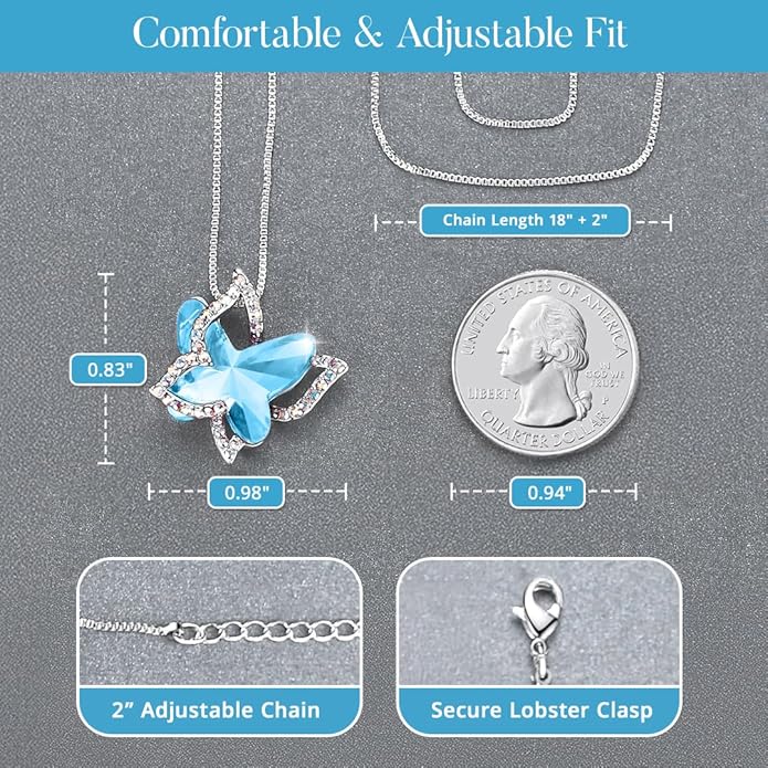 GEMMANCE Gift Butterfly Birthstone Crystal Necklace, Silver Tone with 18”+2” Chain, Necklace for Mother’s Day Anniversary Birthday Gifts for Women and Daughter, Valentine's Day