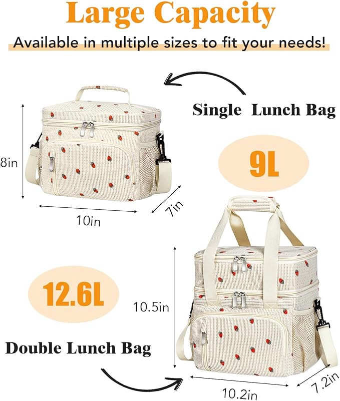 Insulated Lunch Bag for Men & Women, 9L Leakproof Lunch Box Soft Cooler Tote with 5 Pockets, 600D Oxford, EVA Lining, Adjustable Strap for Work, Picnic, Beach&Travel - Corduroy Cue Strawberry