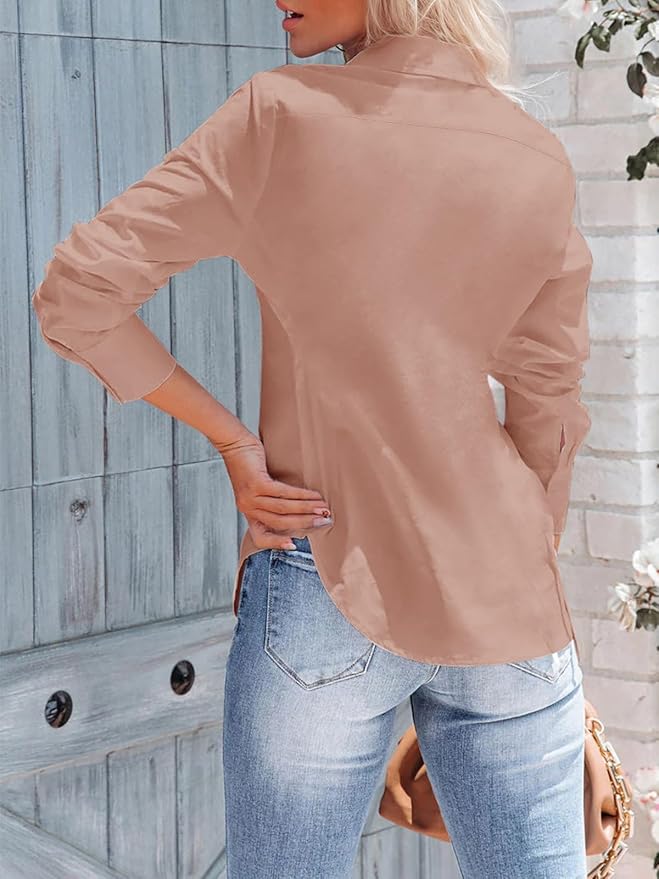 siliteelon Women's Button Down Shirts Long Sleeve Dress Shirts Wrinkle Free Collared Work Office Solid Blouses Corset Tops