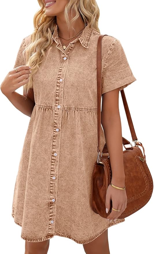 LookbookStore Women's Short Sleeve Button Down Flowy Tiered Babydoll Denim Dress