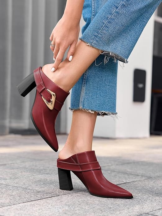 Coutgo Womens Mules Boots Chunky Stacked Heel Pointed Toe Booties Slip On Dress Boot Shoes with Buckle Decoration