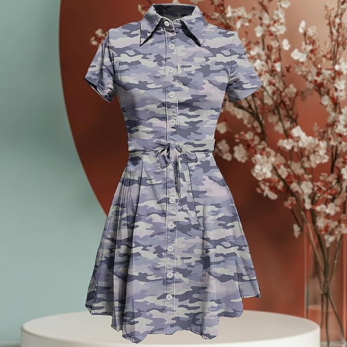 MARSVOVO Cute T Shirt Dress for Women Short Sleeve Button Up Tie Waist Elegant Casual Collared Smocked Midi Dress