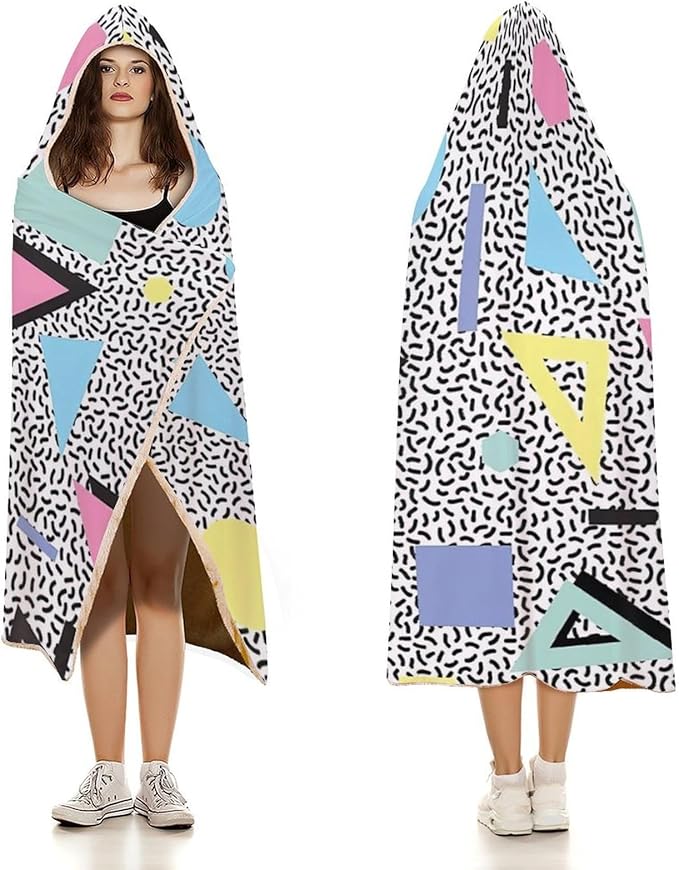 80s 90s Vintage Retro Wearable Blanket Flannel Hooded Blankets Soft Warm Blanket Hoodie for Room Couch Bed Office