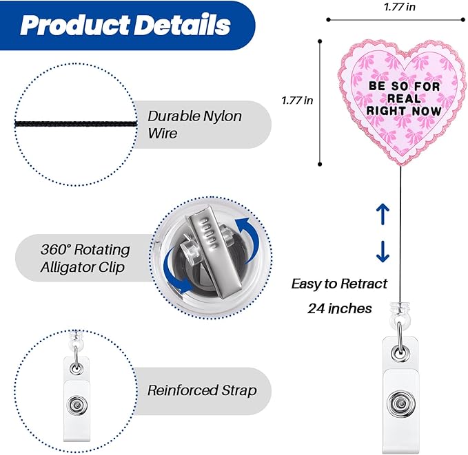 Be so for Real Right Now Funny Heart Shaped Badge Reel, Cute Pink Retractable ID Card Badge Holder, Name Work Badge Clip for Pediatric Healthcare Coworker Friends, Nurse Gifts, Office Stocking Stuffer