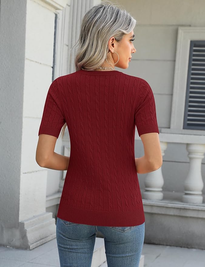 Micoson Womens Short Sleeve Cable Knit Sweater Tops Crewneck Lightweight Spring Summer Shirts Business Dressy Casual Outfits