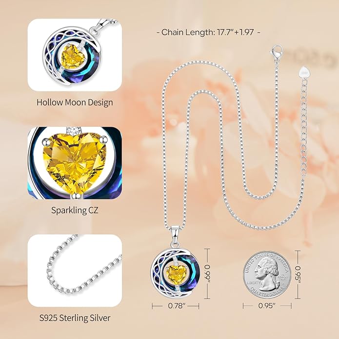 LIANYU Necklace for Womens Blue Sapphire Necklace Moon Pendant S925 Sterling Silver Crystal Jewelry for Women Pendant Birthday Gifts for Wife Gifts Valentine Anniversary