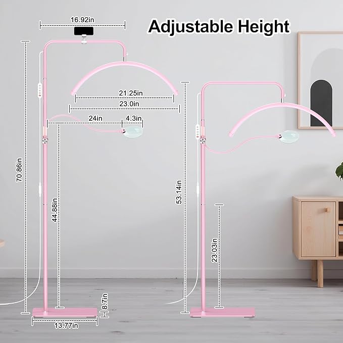Half Moon Lash Light - Adjustable LED Floor Lash Lamp with 4X Magnifier & Phone Holder for Eyelash Extensions,Nail Art,Tattoo,Skincare,Salon SPA-Dimmable Brightness,Rotating Head, Pink