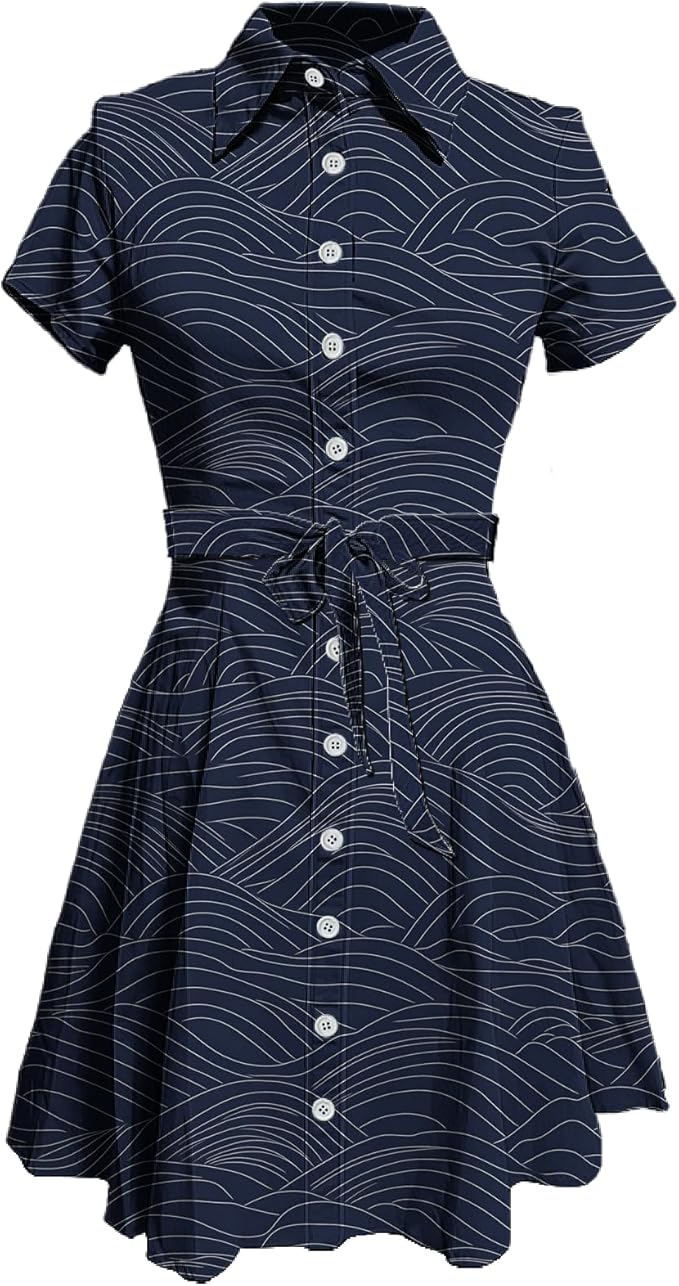 MARSVOVO Japanese Art Shirt Dresses for Women Short Sleeve Ruffle Button Down Tie Waist Trendy Elegant Midi Dress