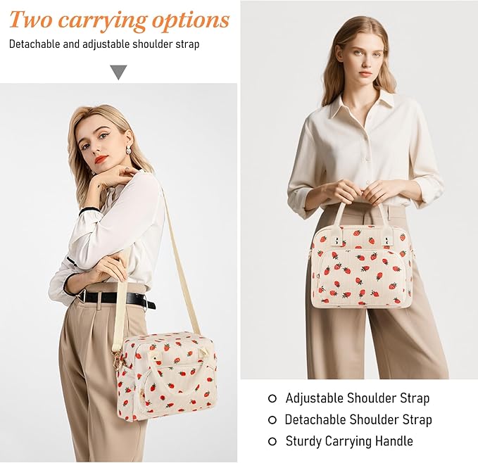 Lunch Bag Large Insulated Lunch Box for Women Adult Cute Beige Strawberry Lunchbox Corduroy Lunch Bags Boxes Pail with Shoulder Strap for Work Mom Picnic Office Travel 11.4×6.8×9.1 inches 11.5L