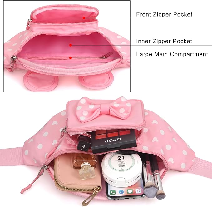 Pink Fanny Pack for Women Teen Girls Mini Mouse Fanny Pack Cute Bowknot Polka Dot Waist Pack Outdoor Travel Waist Bag Cartoon Hiking Belt Bag Bum Bags with Mouse Ears