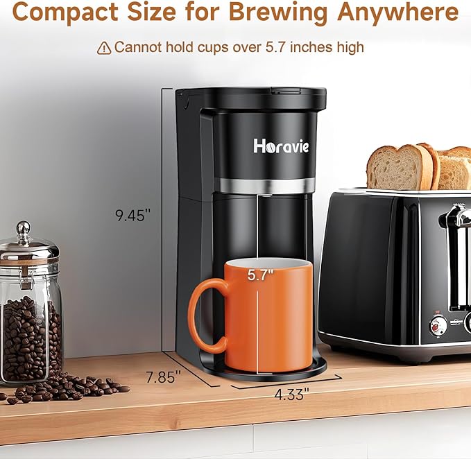 Horavie Small Single Serve Coffee Maker, Fast Brew One Cup Coffee Machine for K Cup and Grounds, 6 to 12 oz. Brew Sizes, Capsule Coffee Machine with Descaling Reminder and Viewing Tank, Black