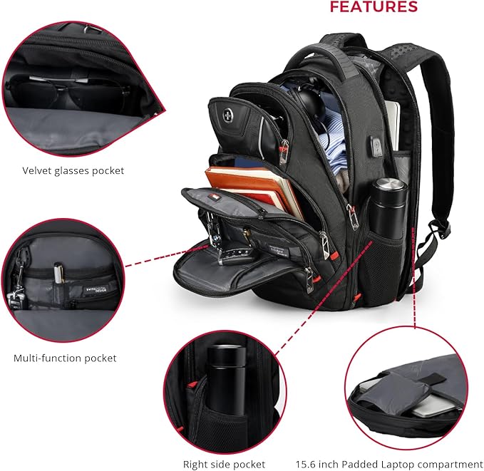 Swissdigital Design Travel Backpack for men, TSA Friendly USB Charging RFID Protection Business Backpack Fits 15.6" Laptops Black | J14-BR