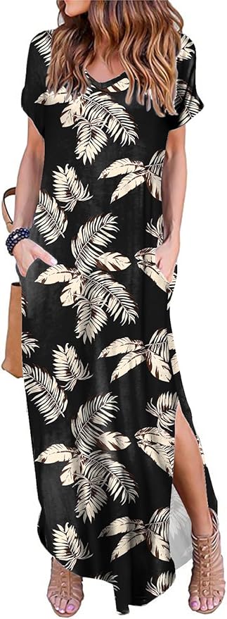 Arolina Women's Summer Maxi Dress Short Sleeve V Neck Casual Loose Long Beach Split Dresses with Pockets