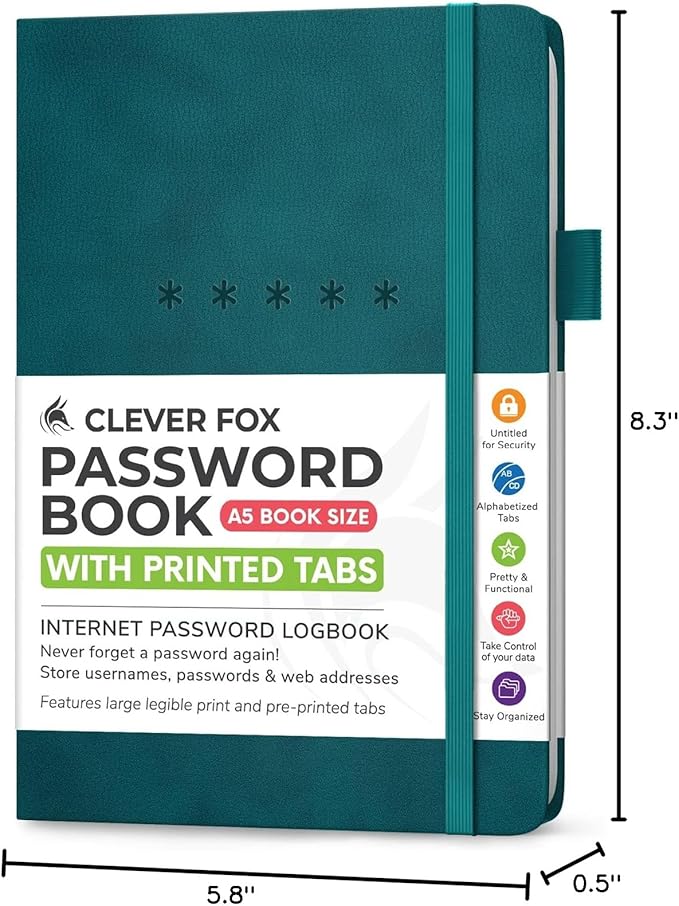 Clever Fox Password Book Medium – Internet Address & Password Journal Organizer – Computer & Website Log-In Keeper Notebook (Dark Teal)