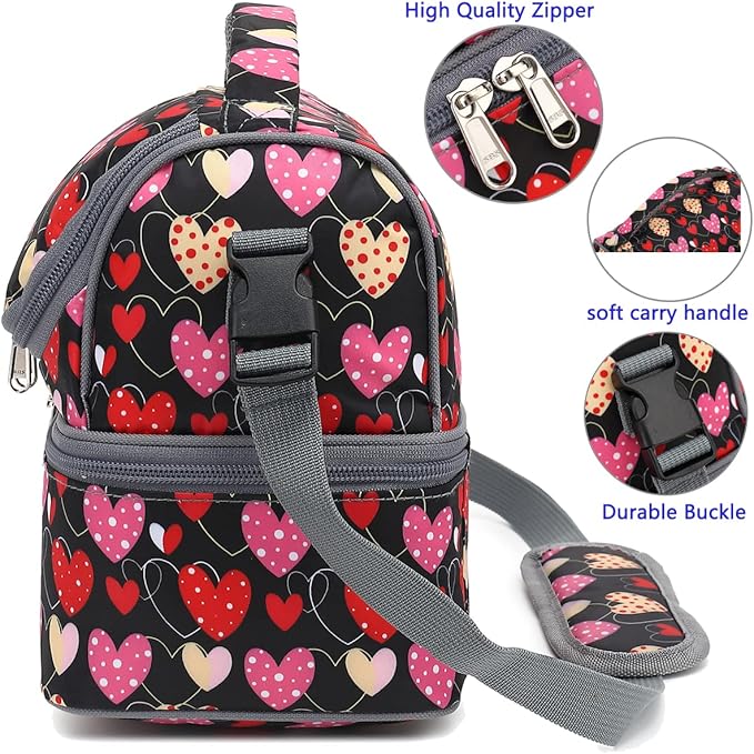 FlowFly Double Decker Cooler Insulated Lunch Bag Large Tote for Boys, Girls, Men, Women, With Adjustable Strap,Heart