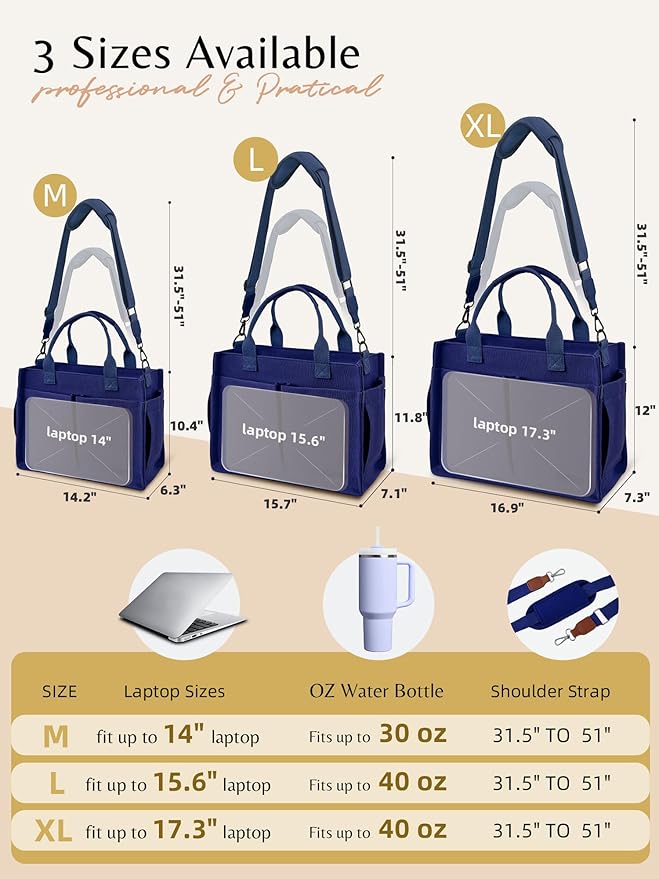BESBESME Canvas Tote Bag for Women with Zipper & Compartments– Large Work & College Laptop Tote Crossbody Shoulder Bag