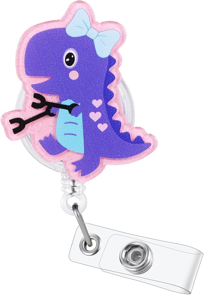 Funny Bow Dinosaur Nurse Badge Reel, Pink Cute Animal Retractable ID Card Pediatric Badge Holder, Name Tag Badge Buddy for RN CNA LPN MA OB/GYN Nurse Nursing Student Doctor Teacher Medical Workers