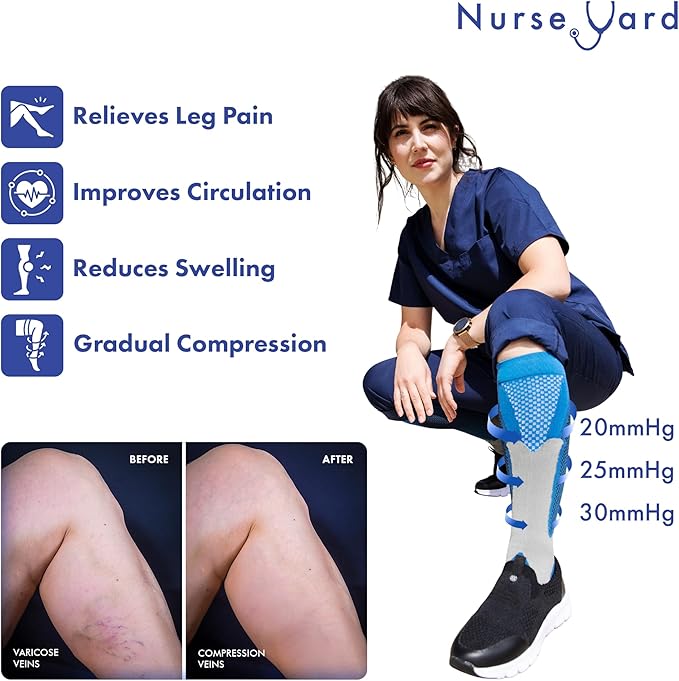 Nurse Yard Compression Socks for Women and Men | 20-30mmHg Graduated Medical Compression Socks for Nurses | Travel and Flying | Athletic Support for Running, Best Compression Socks | 1 Pair Blue