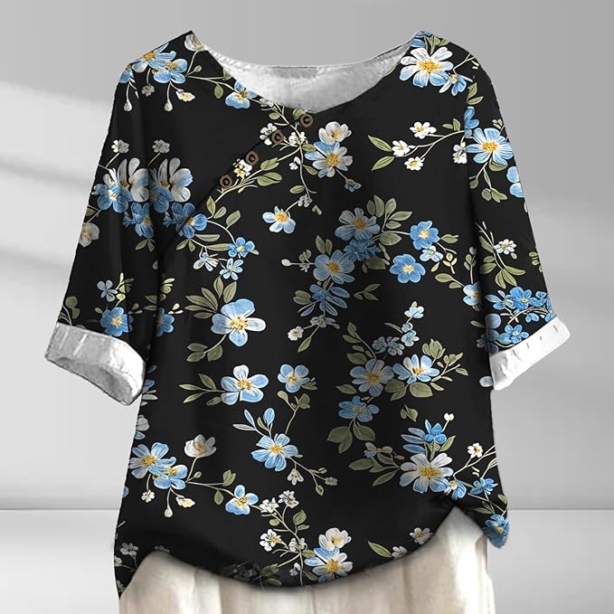 Women's Shirts Dressy Casual Asymmetric Side Button Down Design Tops Summer Loose Fit Crewneck Graphic Tees