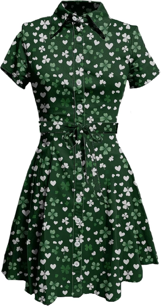 MARSVOVO Cute T Shirt Dress for Women Short Sleeve Button Up Tie Waist Elegant Casual Collared Smocked Midi Dress