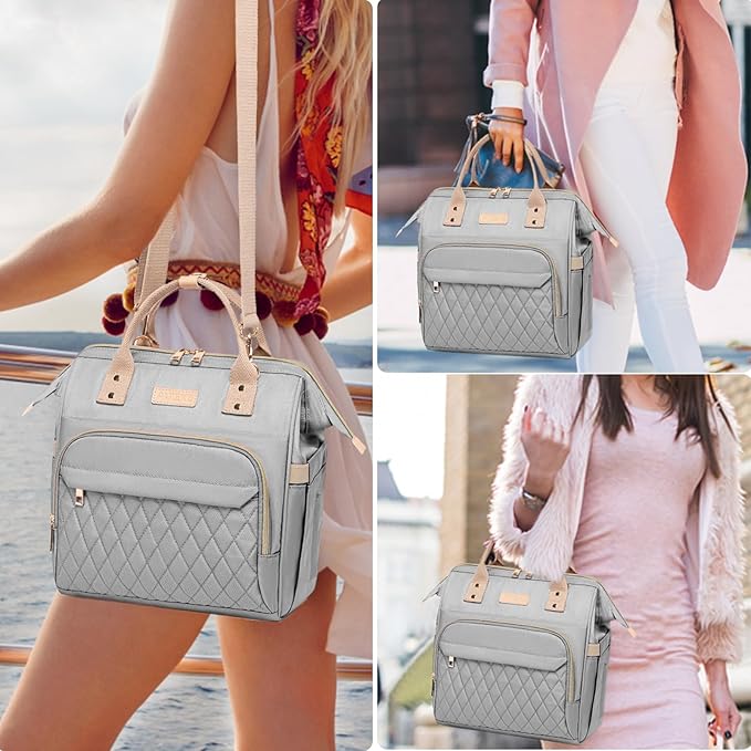 AIJIEKE Lunch Bag for Women, Leakproof & Insulated Work Lunch Tote, Reusable Adult Cooler Bag with Water Bottle Side Pocket & Removable Shoulder Strap, Grey