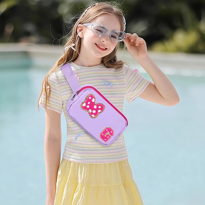 Chenille Initial Letter Bow Mouse Fanny Pack, Waterproof Park Crossbody Bag Christmas Birthday Gifts for Teen Girls Daughter Women Kids Adults, Cute Belt Bag Must Haves for Park Travel (G, Purple)