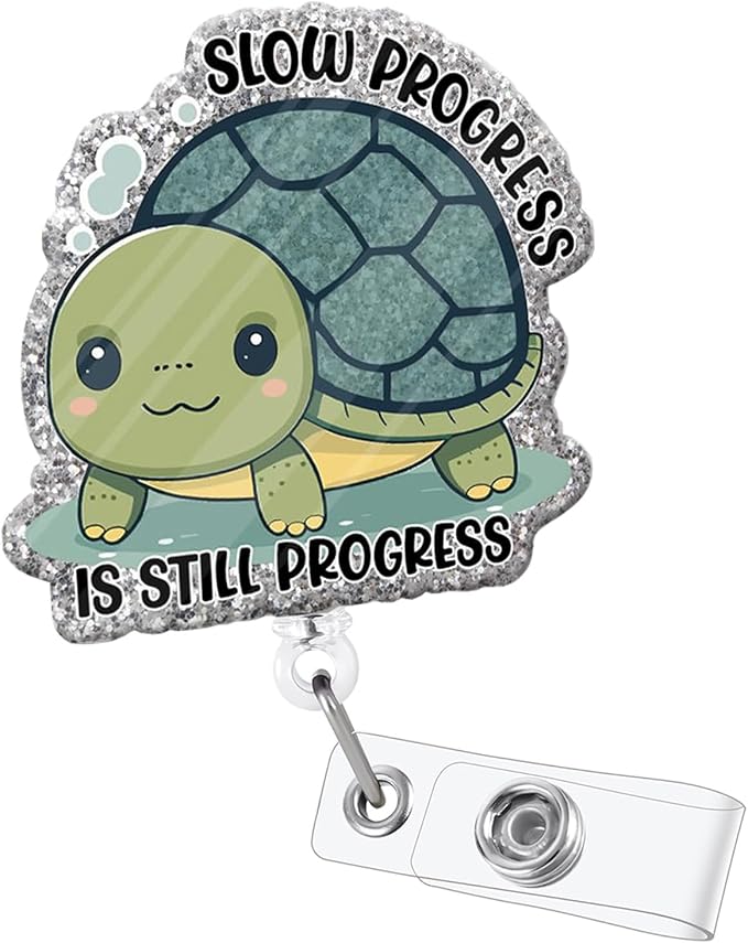 Slow Progress is Still Progress Funny Badge Reel, Cute Turtle Retractable ID Card Badge Holder, Name Tag Work Badge Clip for ICU RN LPN CNA MA Nursing Student Doctor Teacher Librarian, Nurse Gifts