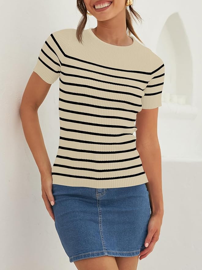 ZESICA Women's Short Sleeve Crewneck Striped T Shirt 2026 Summer Ribbed Knit Slim Fit Casual Basic Tee Tops