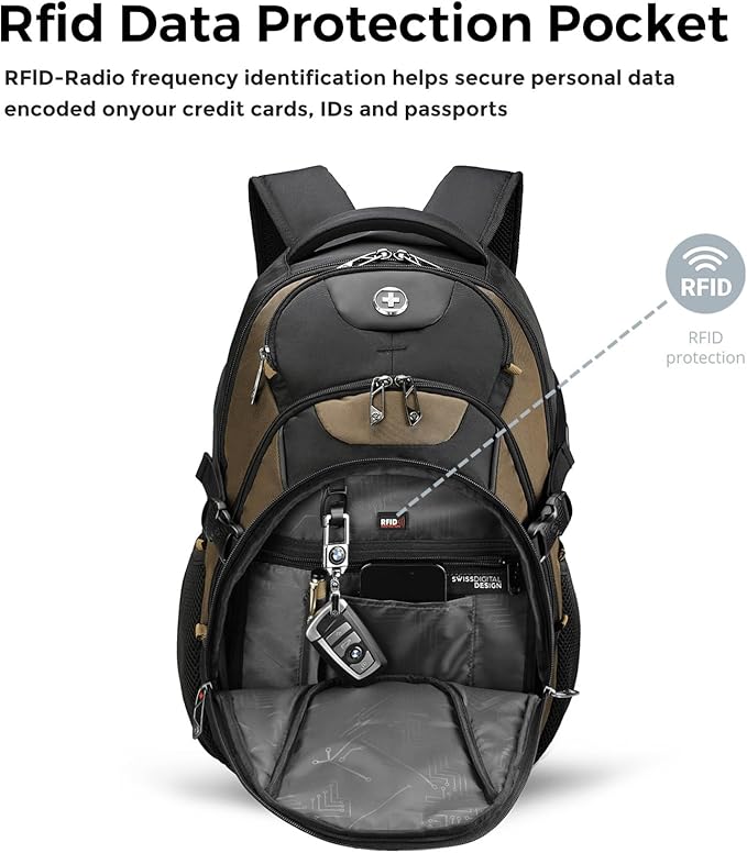 Swissdigital Design Laptop Backpack with USB Charging Port, Travel Backpack Fits 15.6 inches Computer, 31L College School Backpack for Men, Tan/Black | SD803-34