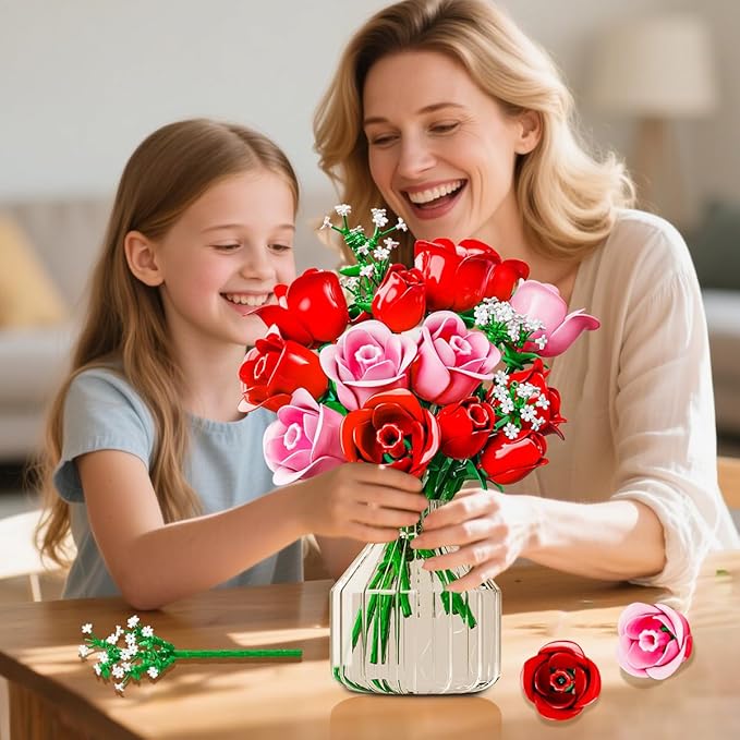 HOGOKIDS Flowers Bouquet Building Set with Lights - 16 Roses Bouquet Botanical Building Blocks Artificial Red Roses Flower for Home Decor Birthday Valentines Gifts for Adults Girl - 387PCS (Pink)