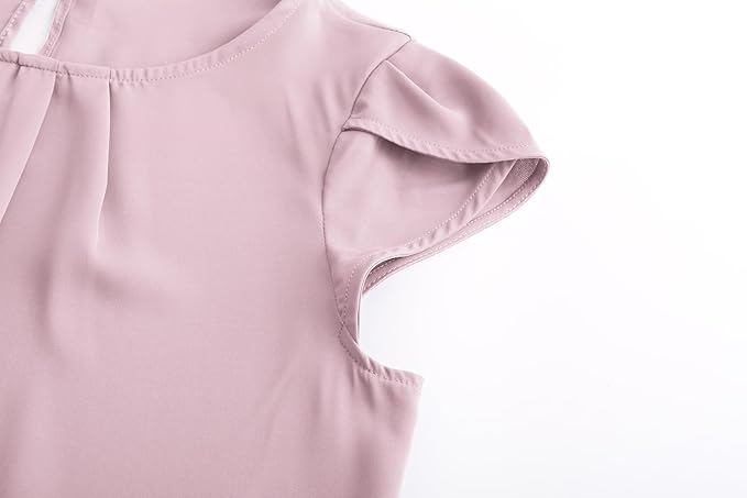 TASAMO Women's Casual Round Neck Basic Pleated Top Cap Sleeve Curved Keyhole Back Chiffon Blouse
