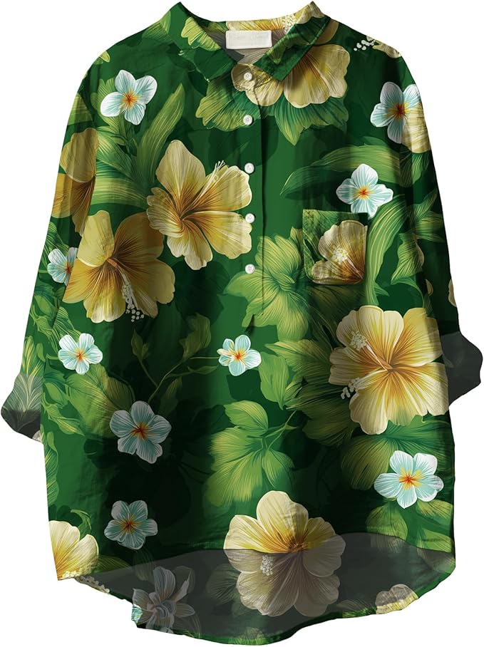Womens Boho Tops 3/4 Long Sleeve Floral Blouses Hawaii Beach Button Down Shirts V Neck Pullover Casual Tunics