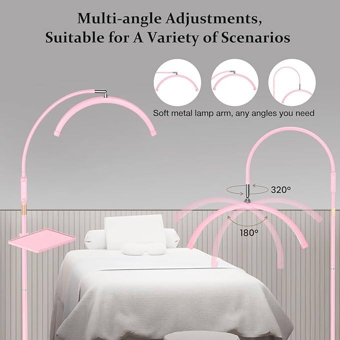 Lash Light for Eyelash Tech with Tray, Half Moon Light for Lashes and Estheticians, LED Floor Lash Lamp for Eyelash Extensions, Nail Art, Tattoo Art and Skincare (Pink)