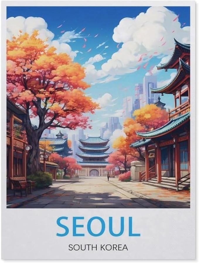 Jigsaw Puzzles 1000 Pieces，Seoul, Vintage Travel Poster, South Korea，Paper Children Games Educational Toys（50x70cm）-BE22