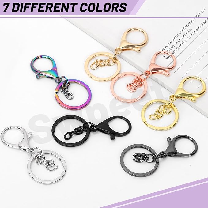 Swpeet 10Pcs Iridescent Color Lobster Claw Clasps with Key Chain and Flat Split Keychain Ring Assortment Kit, Swivel Clasps Hook Clips Swivel Snaps Hooks for Purse Strap Keychain DIY Crafts